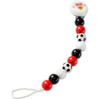 Die VfB Schnullerkette Fußball aus ausgesuchten heimischen Hölzern lässt sich einfach an jedem Kleidungsstück befestigen und ist somit optimal für den täglichen Gebrauch. Die Schnullerkette ist handgefertigt und Made in Germany mit ungiftigen