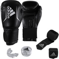 Adidas Box Set Men: Boxen sicher lernen - Das Adidas Box Set Men ermöglicht Ihnen einen sicheren Einstieg in den Boxsport und den ersten Sparrings. Die 12 oz. Boxhandschuhe sind aus widerstandsfähigem Kunstleder gefertigt und bieten Ihren Fäusten effektiven Schutz bei Angriffsschlägen sowie in der Deckung. Der breite Klettverschluss stabilisiert zudem das Handgelenk und ermöglicht ein schnelles An- und Ausziehen. Die Trainingshandschuhe sind sowohl für Männer als auch Frauen geeignet. Zusätzlichen Schutz unter den Boxhandschuhen bieten die im Set enthaltenen Bandagen mit Klettverschluss. Bei gegnerischen Treffern sind Ihre Zähne zudem durch den anpassbaren Mundschutz bestens geschützt. - Set-Bestandteile: - 1 Paar Boxhandschuhe (12 oz.) - 1 Paar Bandagen (L: 2