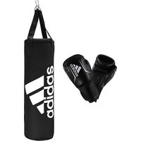 Das Adidas Box Set Junior : All in One! - Das Adidas Box Set Junior besteht aus einem Boxsack mit 4-Punkt-Aufhängung und einem Paar Boxhandschuhen (6 oz.). Die Aufhänge-Straps lassen sich über den im Lieferumfang enthaltenen Stahlhaken leicht an der Decke anbringen. Der Boxsack ist aus besonders strapazierfähigem Nylon gefertigt und hält harten Schlägen optimal stand. Für ein perfektes Boxerlebnis sind die Trainingshandschuhe zudem weich gepolstert. - Produktdetails: - Material Boxhandschuhe: Kunstleder - Material Boxsack: Fallschirm-Nylon - Füllung Boxsack: Textilien - Maße Boxsack (Lxø): ca. 43x19 cm - Gewicht Boxsack: 6 kg - Farbe: Schwarz - Lieferumfang: - 1 Boxsack - 1 Paar Boxhandschuhe